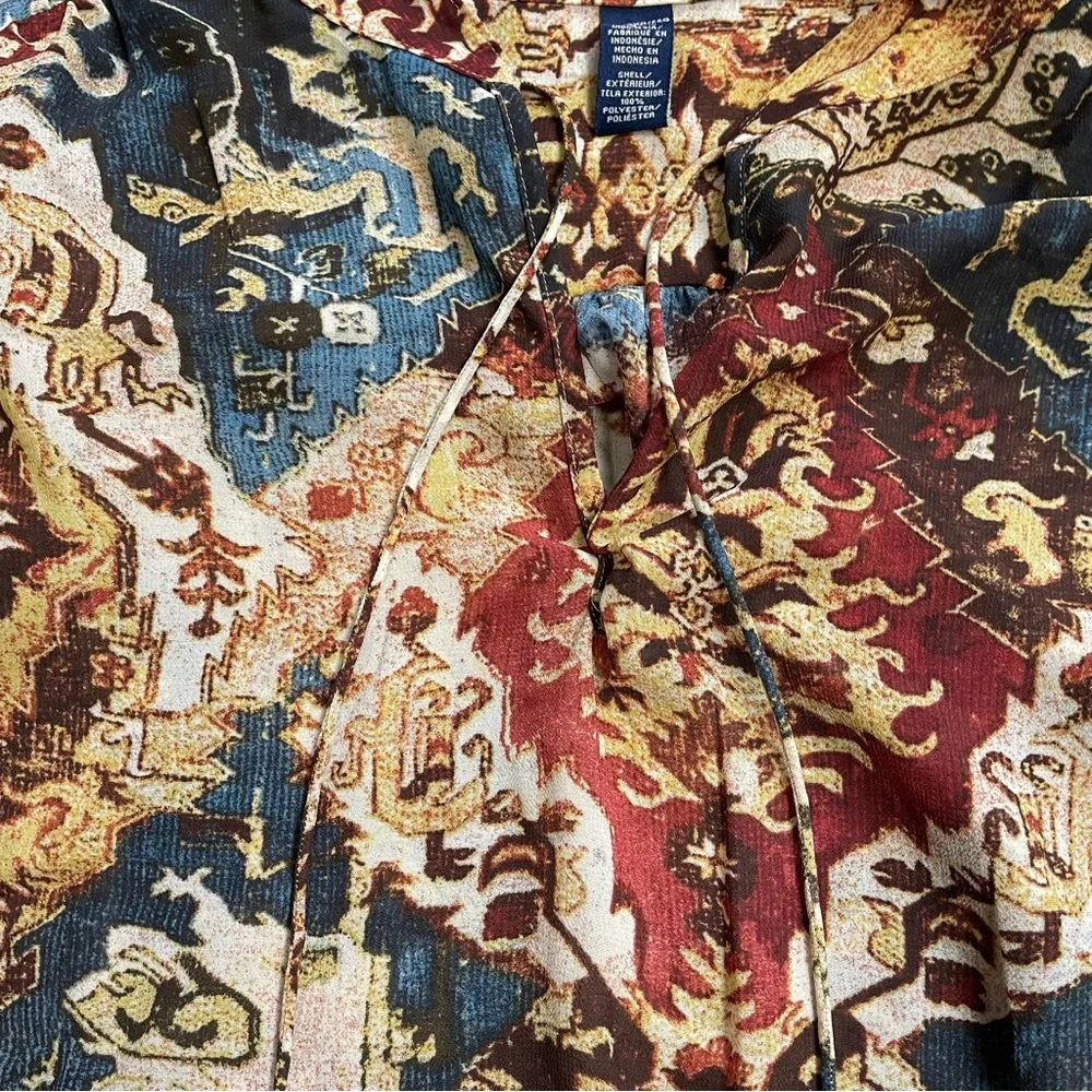 Chaps Blouse 2X Womens Paisley Multi Boho Semi-sheer Tie Neck - Picture 2 of 8